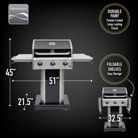 Kenmore - 3 Burner Pedestal Grill with Foldable Side Shelves - BLACK