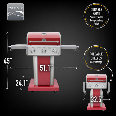 Kenmore - 3 Burner Pedestal Grill with Foldable Side Shelves - RED